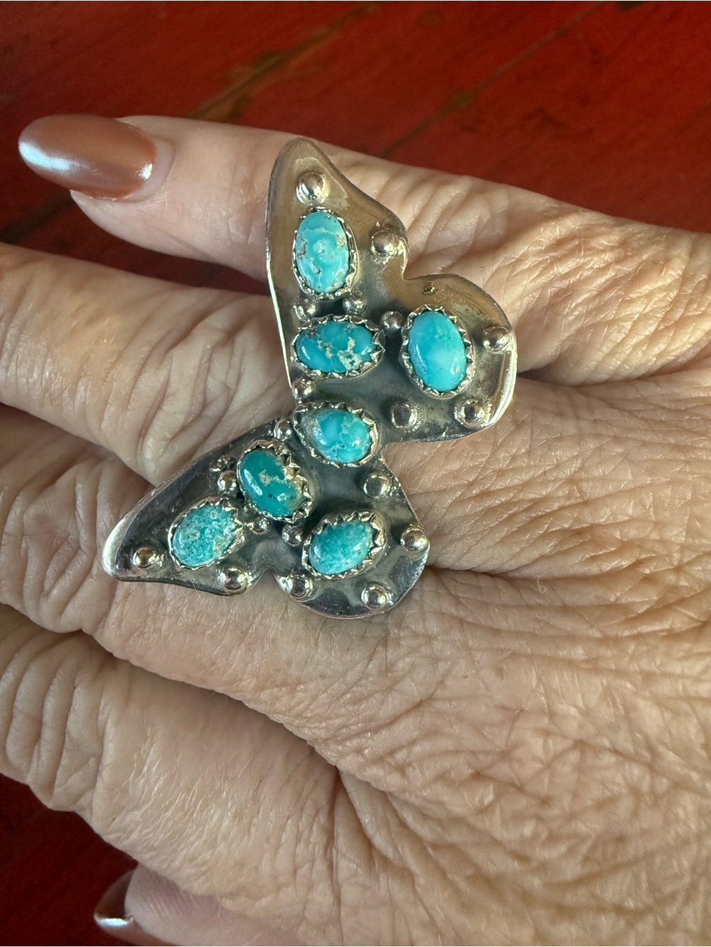 Sterling Silver White Water Turquoise Butterfly Statement Ring Adjustable to 9. - Picture 2 of 5